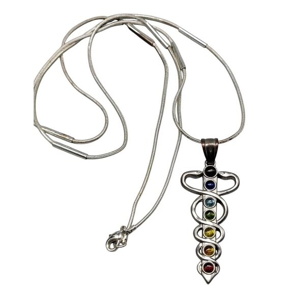 Chakra Healing Caduceus Pendant Necklace Faux Gemstones 35" Chain Silver Tone - Picture 9 of 16